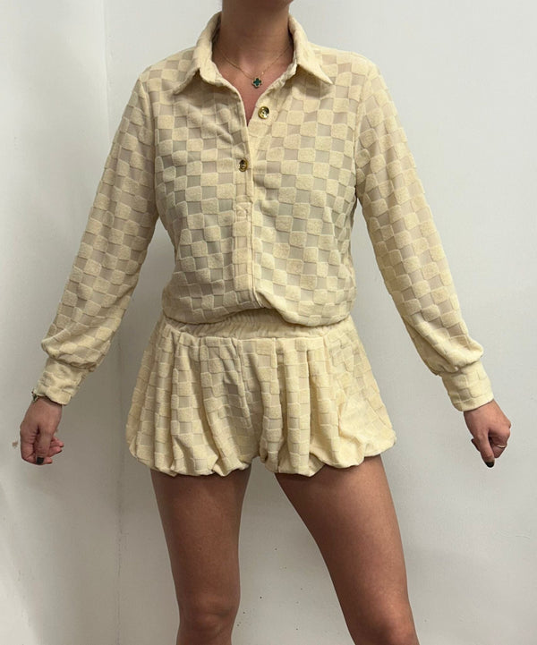 john varvatos Cream Towelling Square Print Shirt And Bloomer Shorts Suit