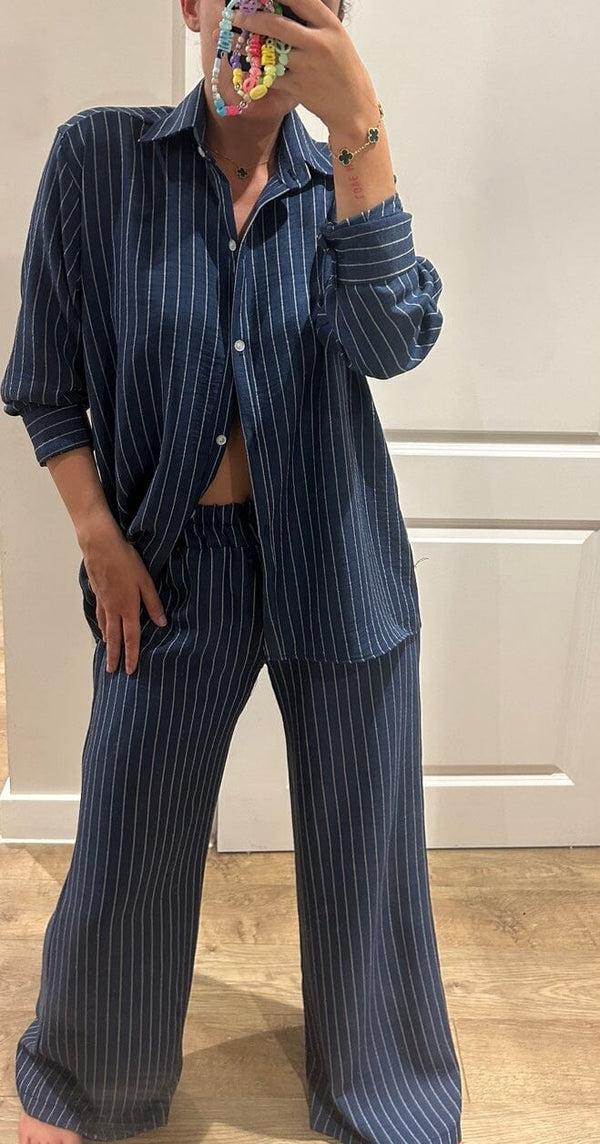 John Varvatos Dark Denim Blue Pinstripe Oversized Shirt And Trouser Suit