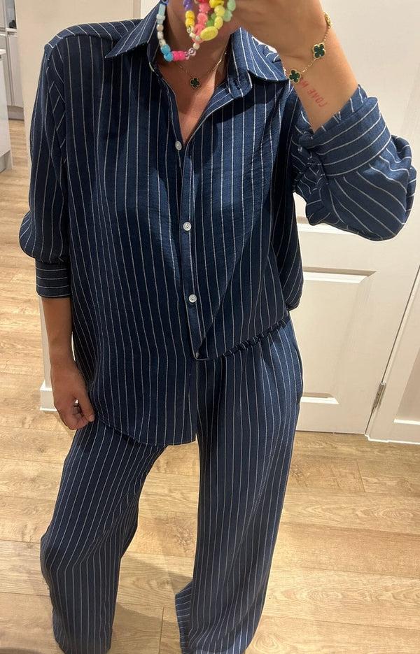 John Varvatos Dark Denim Blue Pinstripe Oversized Shirt And Trouser Suit
