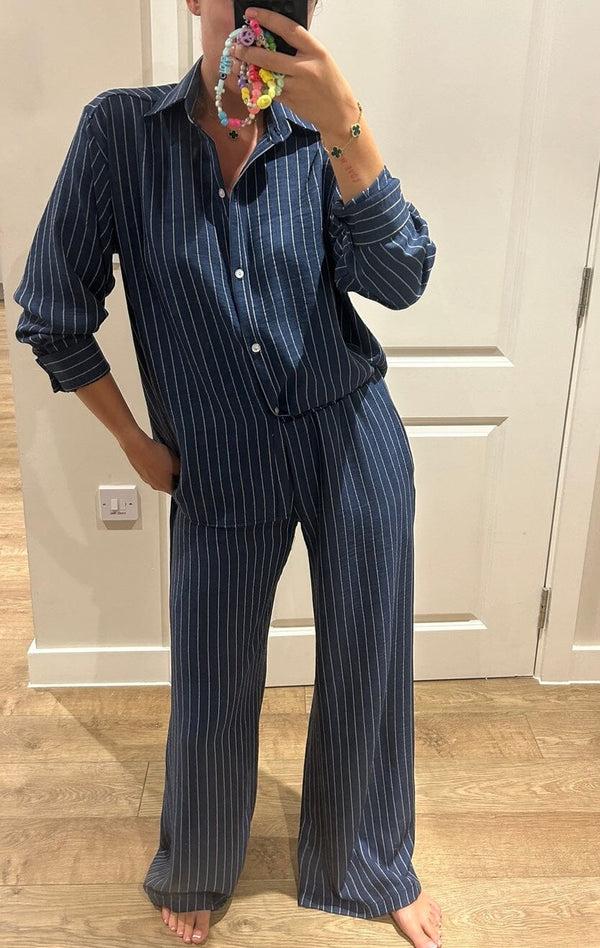 John Varvatos Dark Denim Blue Pinstripe Oversized Shirt And Trouser Suit