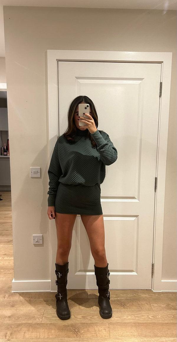 john varvatos Dark Green Bubble Fabric Polar Neck Mini Dress