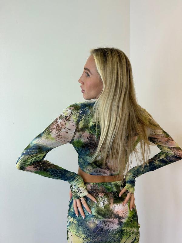 John Varvatos Forest Pattern Drawstring Mesh Maxi Two Piece