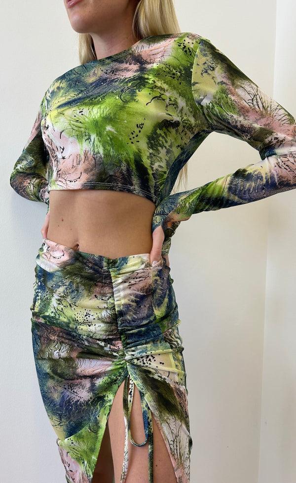 john varvatos Forest Pattern Drawstring Mesh Maxi Two Piece