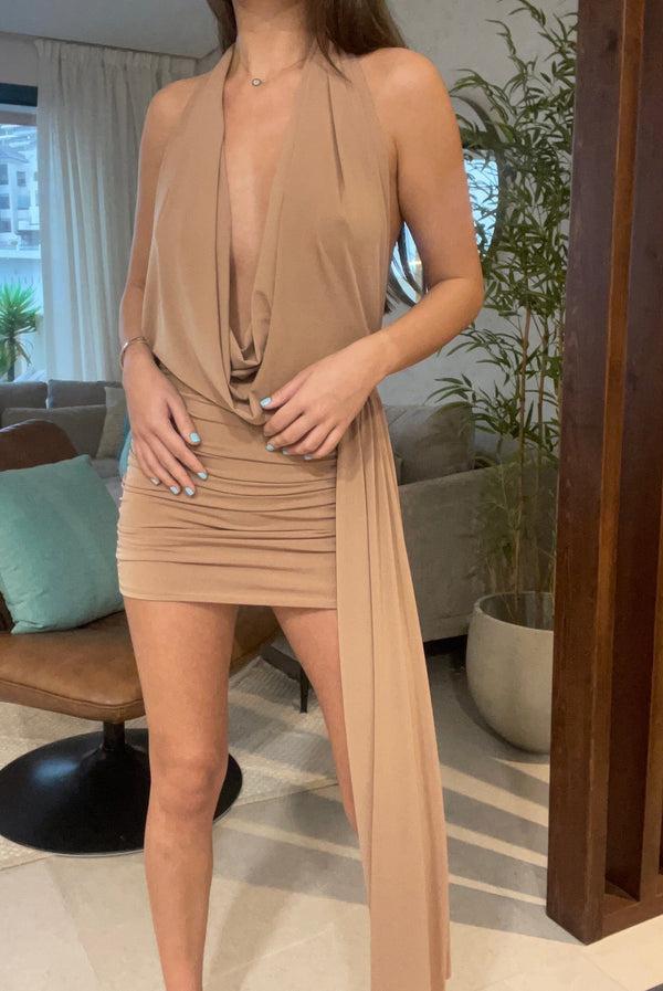 john varvatos Beige Halterneck Drape Detail Dress