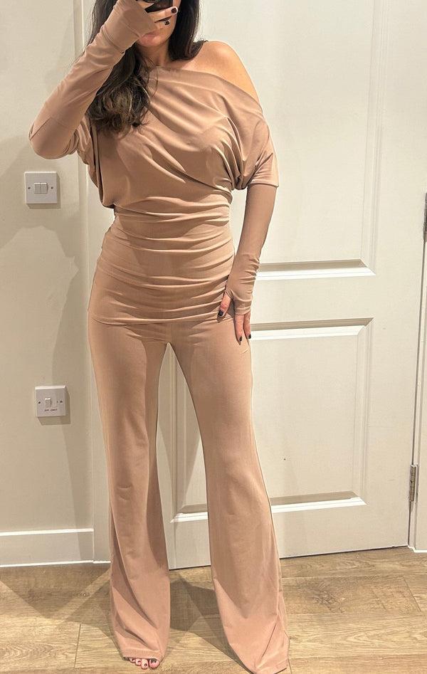 John Varvatos Beige Off Shoulder Suit