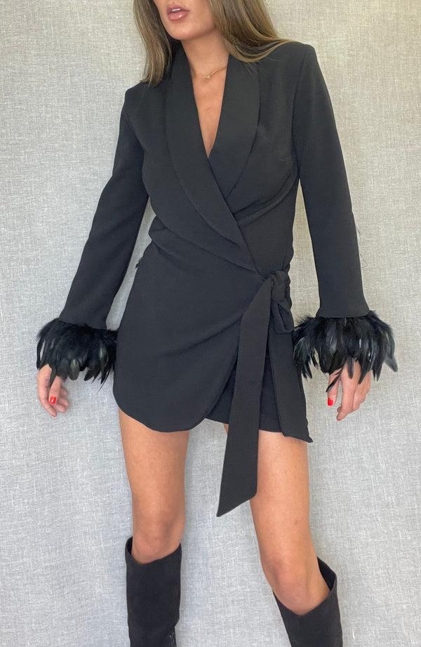 John Varvatos Black Feather Wrap Blazer Dress