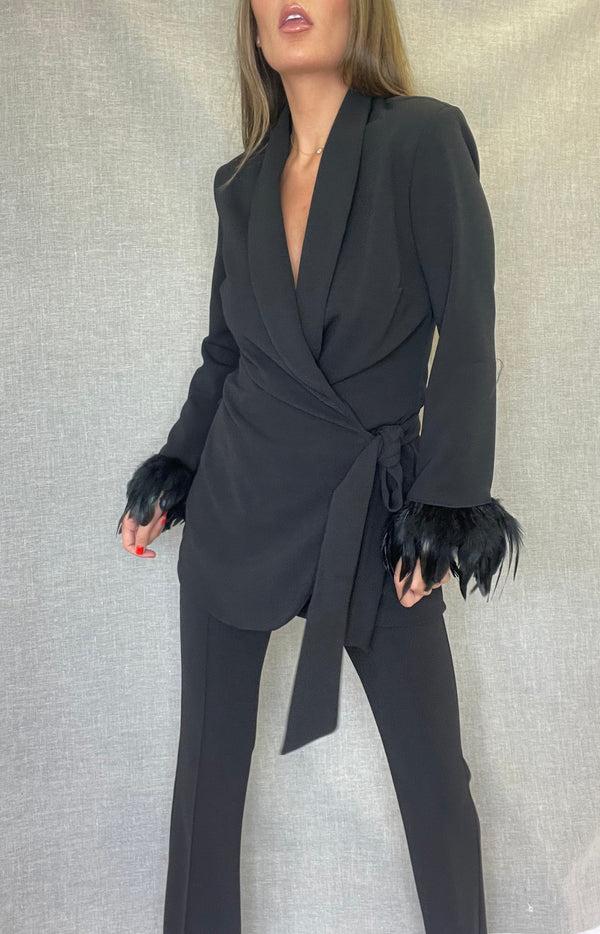 John Varvatos Black Feather Wrap Blazer Dress