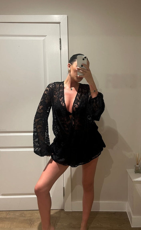 John Varvatos Black Lace Ruffle Mini V Neck Dress