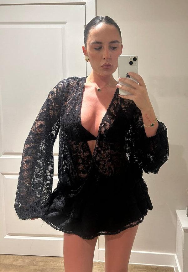 John Varvatos Black Lace Ruffle Mini V Neck Dress