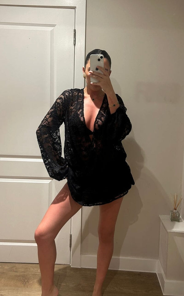 john varvatos Black Lace Ruffle Mini V Neck Dress