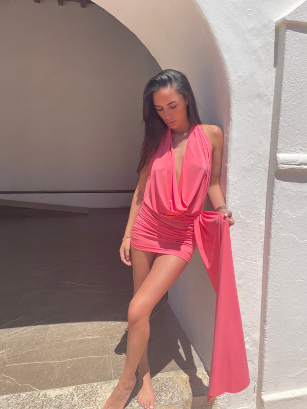 John Varvatos Coral Halterneck Drape Detail Dress