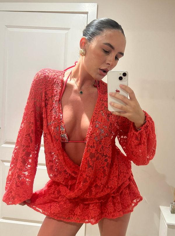 John Varvatos Coral Lace Ruffle Mini V Neck Dress