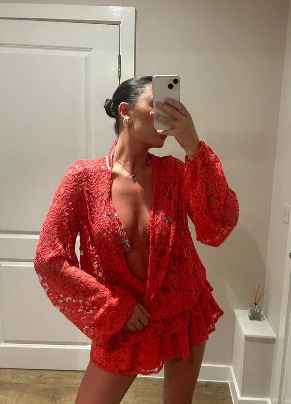 john varvatos Coral Lace Ruffle Mini V Neck Dress