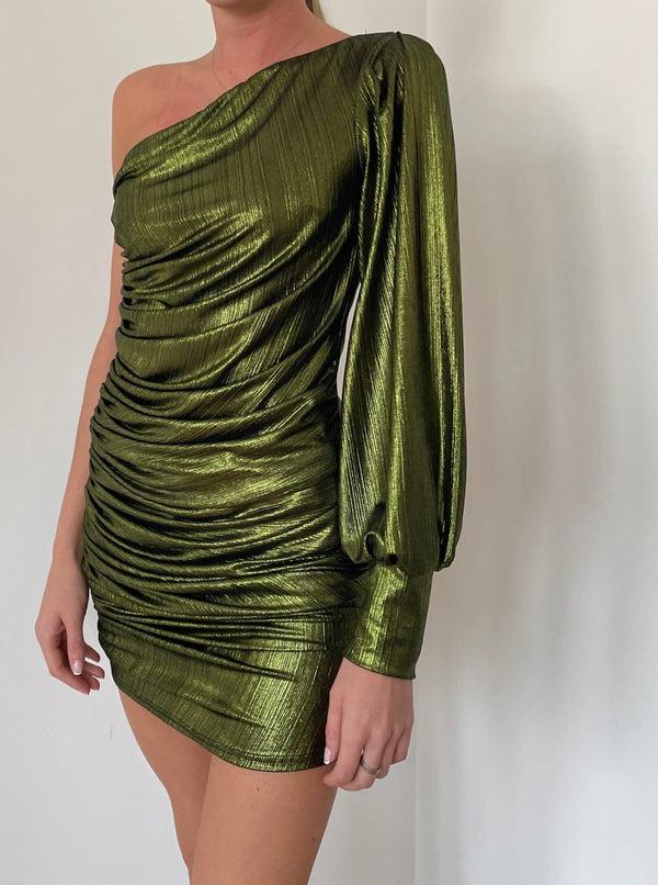 John Varvatos Green Ruch Metallic Foil Dress