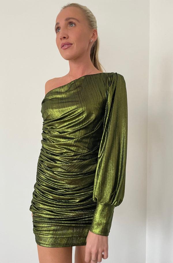 John Varvatos Green Ruch Metallic Foil Dress