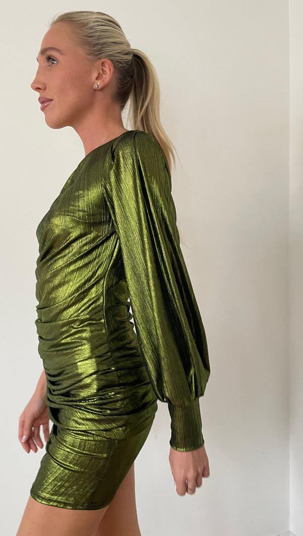 John Varvatos Green Ruch Metallic Foil Dress