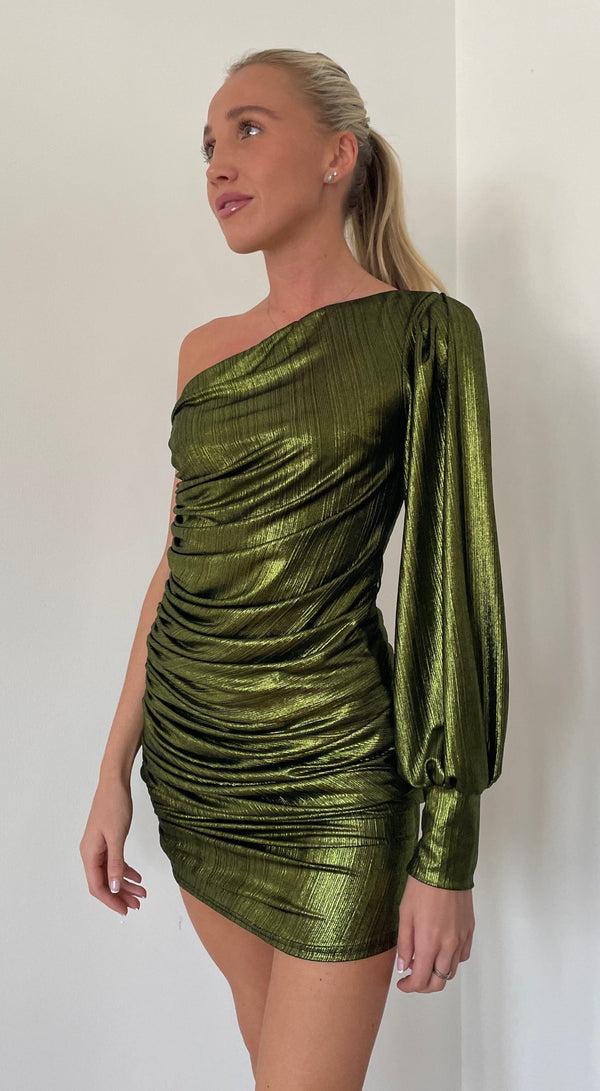 john varvatos Green Ruch Metallic Foil Dress