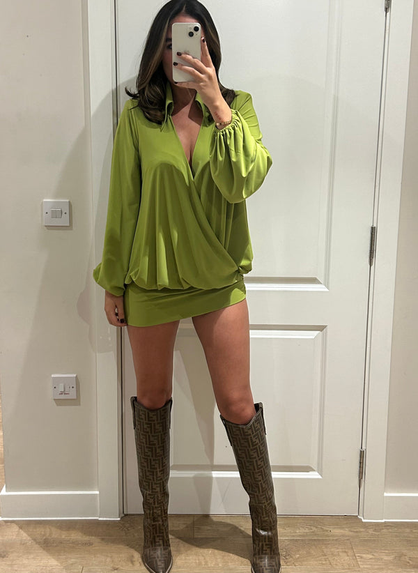 John Varvatos Green V Neck Shirt Mini Dress