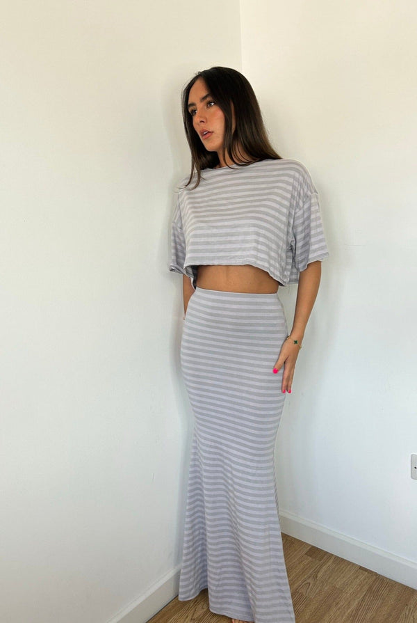 john varvatos Grey Stripe Crop Top and Maxi Set