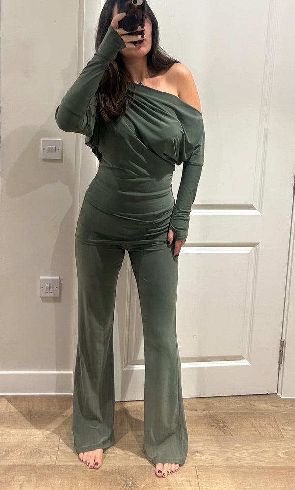 John Varvatos Khaki Off Shoulder Suit