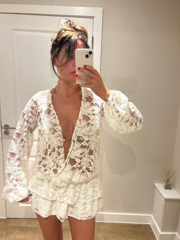 John Varvatos Lace Ruffle Mini V Neck Dress