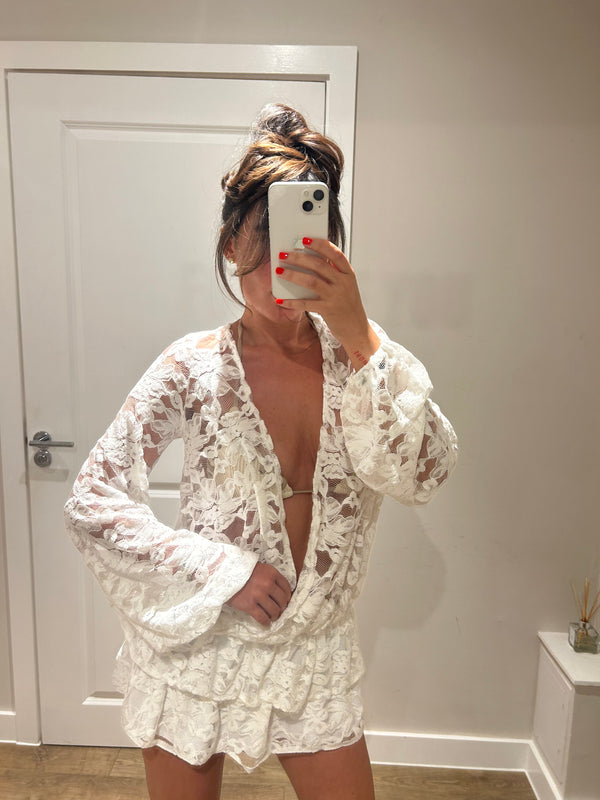 John Varvatos Lace Ruffle Mini V Neck Dress