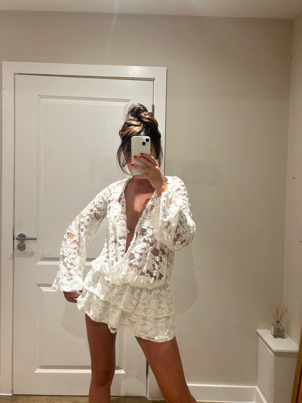 john varvatos Lace Ruffle Mini V Neck Dress