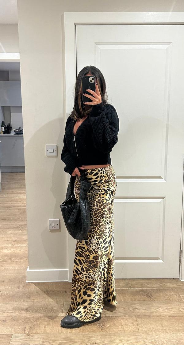John Varvatos Leopard Print Satin Maxi Skirt