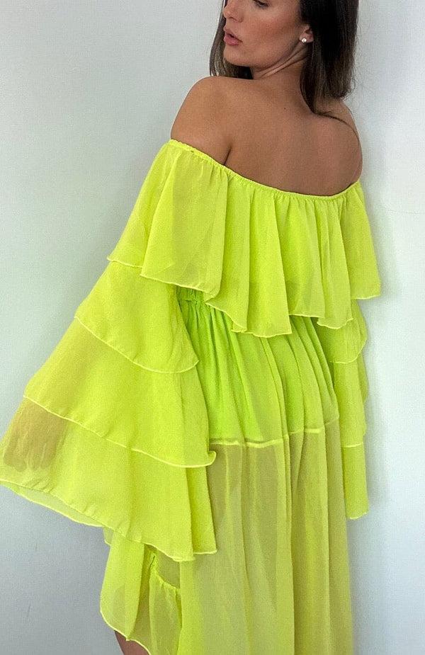 John Varvatos Neon Green Chiffon Frill Suit