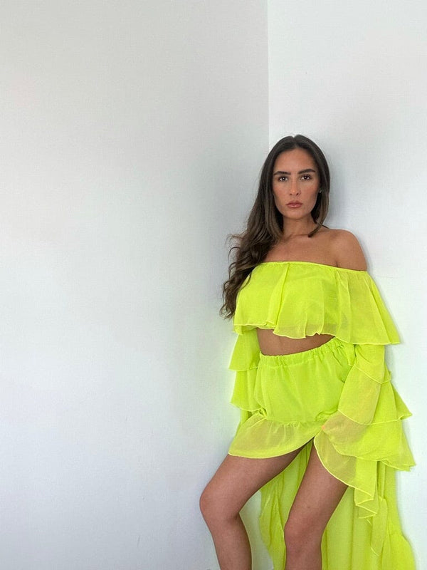 John Varvatos Neon Green Chiffon Frill Suit