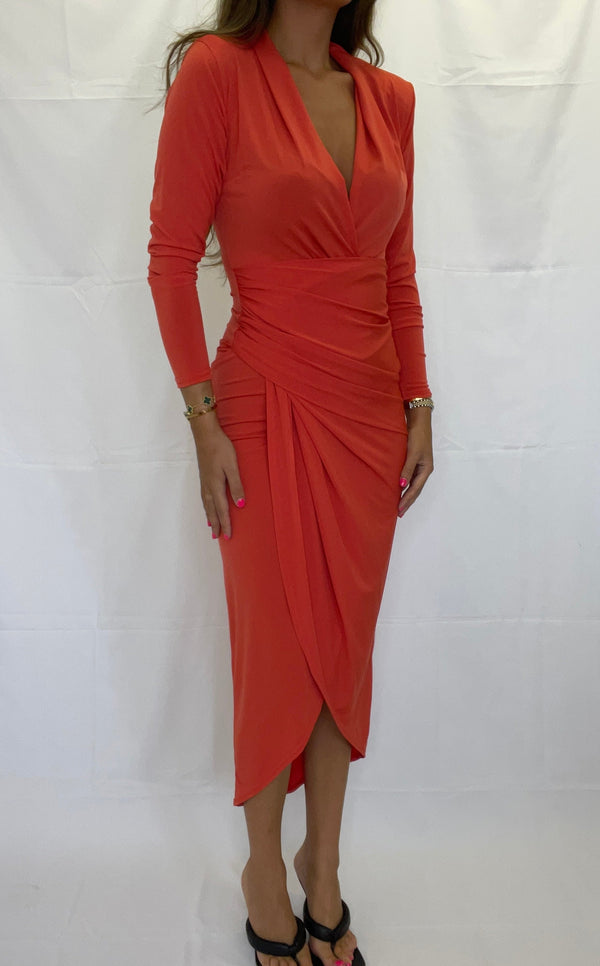 John Varvatos Orange Wrap Midi Dress