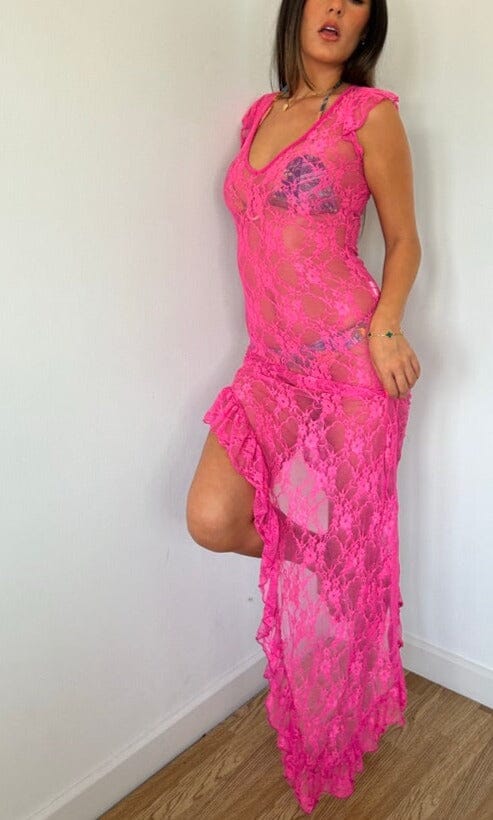 John Varvatos Pink Lace Frill Beach Dress