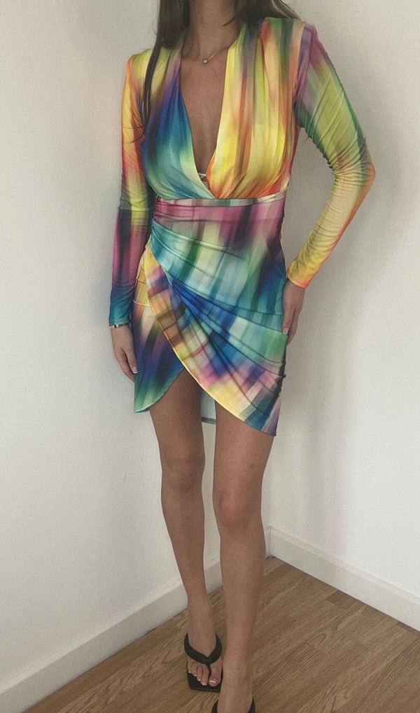 John Varvatos Rainbow Print Mini Wrap Dress