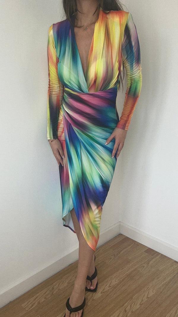 John Varvatos Rainbow Print Wrap Midi Dress
