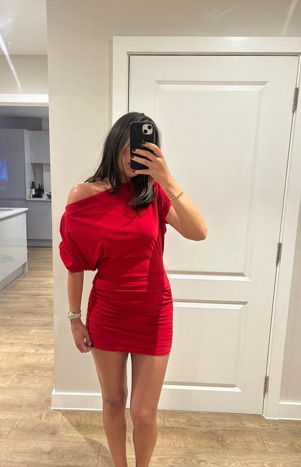 John Varvatos Red Off Shoulder Mini Skirt Set