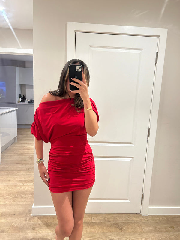 John Varvatos Red Off Shoulder Mini Skirt Set
