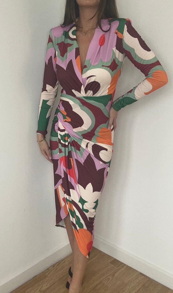 John Varvatos Retro Print Wrap Midi Dress