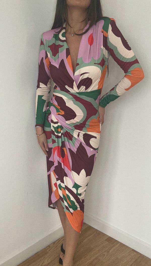 John Varvatos Retro Print Wrap Midi Dress