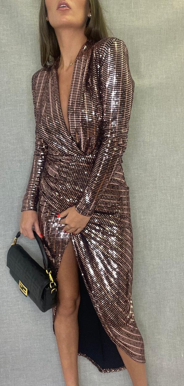 John Varvatos Rose Gold Sequin Midi Wrap Dress