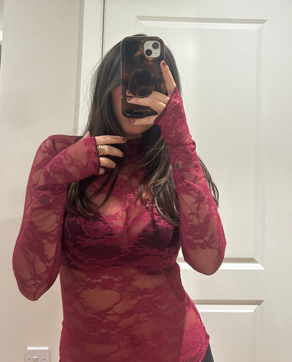 john varvatos Wine Lace Mesh Top