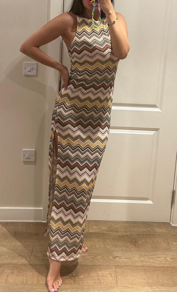 John Varvatos Zig Zag Print Split Maxi Dress