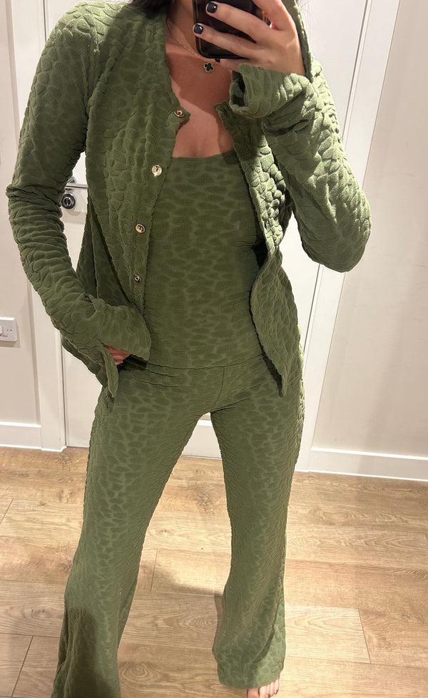 John Varvatos Khaki Terry Towelling Pebble Print Cardigan Lounge Suit