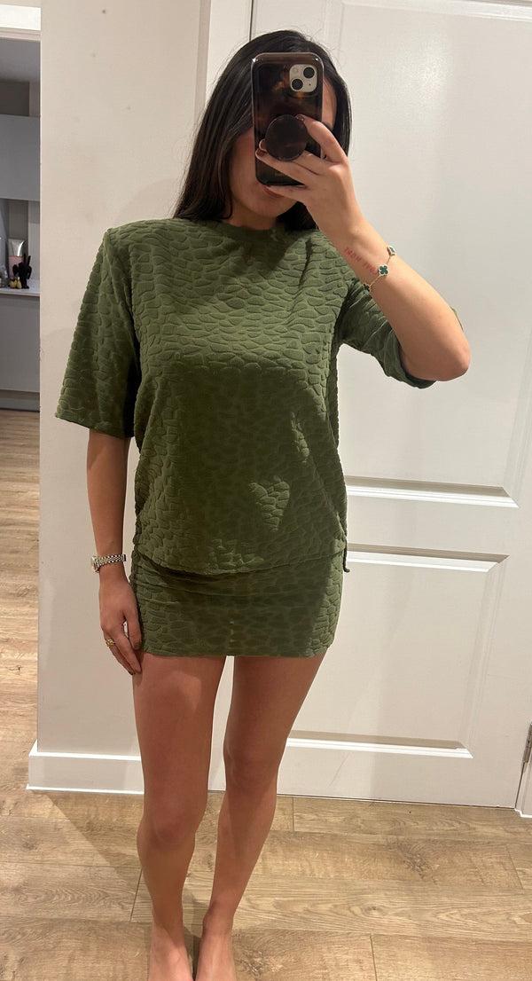 John Varvatos Khaki Terry Towelling Pebble Print T-shirt & Mini Skirt