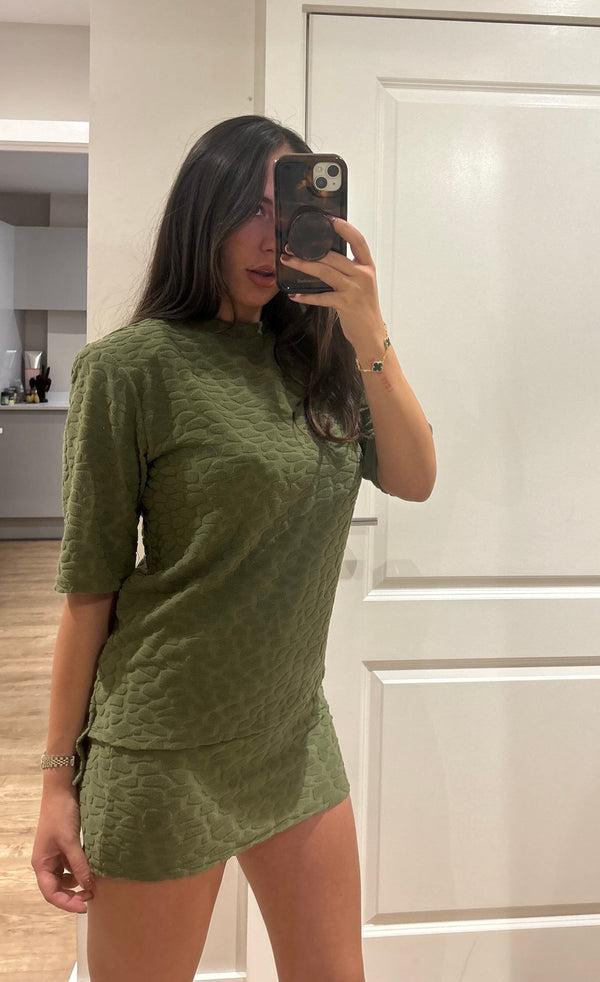 john varvatos Khaki Terry Towelling Pebble Print T-shirt & Mini Skirt