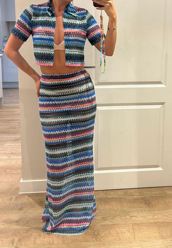 John Varvatos Knitted Rainbow Crop Shirt And Maxi Skirt