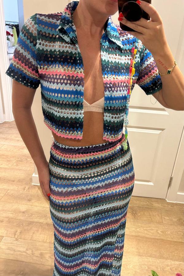 John Varvatos Knitted Rainbow Crop Shirt And Maxi Skirt