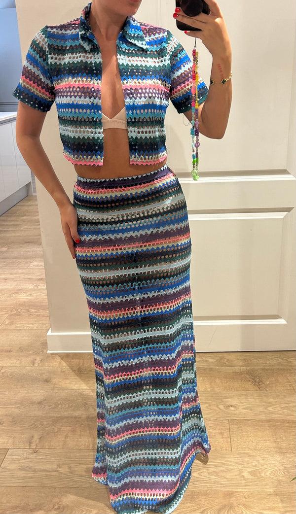 john varvatos Knitted Rainbow Crop Shirt And Maxi Skirt