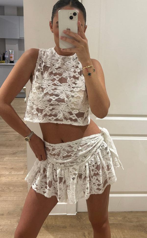 John Varvatos Lace Crop Top And Frill Mini Wrap Skirt