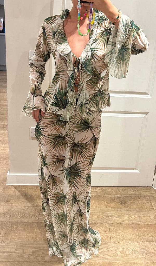 John Varvatos Leaf Palm Tree Chiffon Shirt And Maxi Skirt