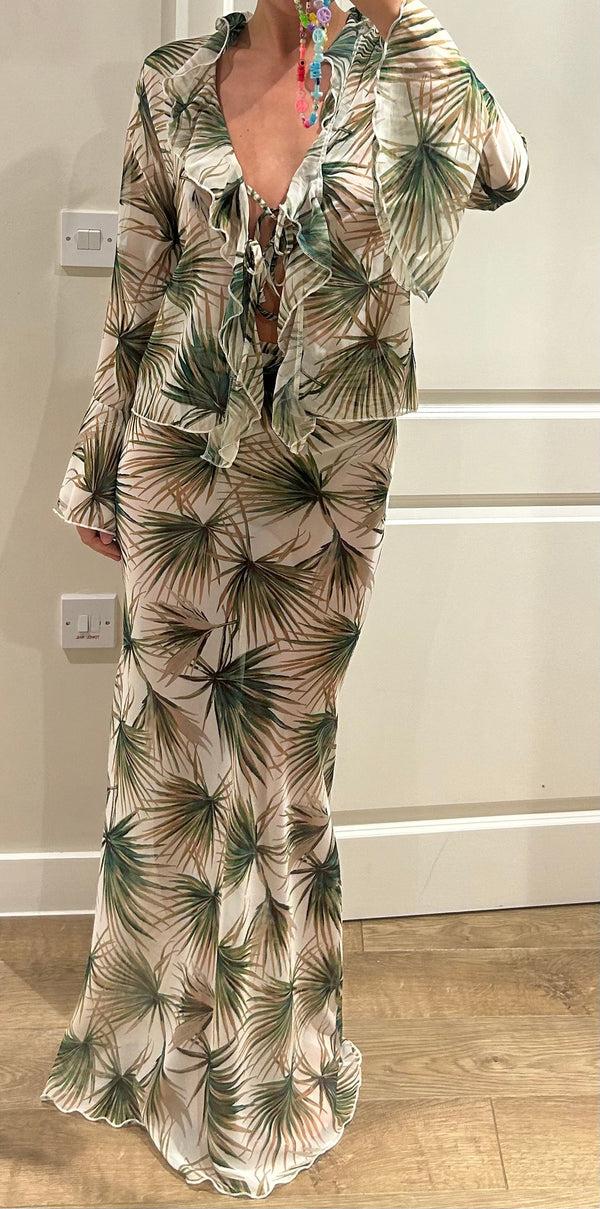 john varvatos Leaf Palm Tree Chiffon Shirt and Maxi Skirt